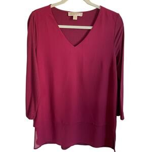 Michael Michael Kors Top Mixed Media Layered Blouse Size Med V-Neck Burgundy